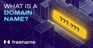 Graphic illustrating 'What is a domain name?' on a glowing billboard in a virtual reality setting.